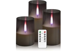 kakoya Flameless Candles Upgraded Realistic Flickering Flame,Battery Operated LED Candles with Remote Timers,Acrylic Electric Candles Set of 3(D 3" xH 4" 5" 6")（Grey）
