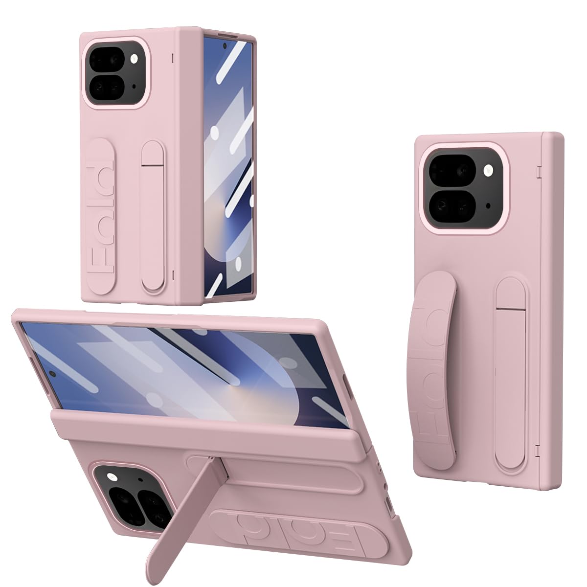 ZQYFCDZ Case for Google Pixel 9 Pro Fold - Silicone Wrist Strap, Portable Stand, All-Inclusive Hinge Protection, Fingerprint-Resistant PC Material, Pink