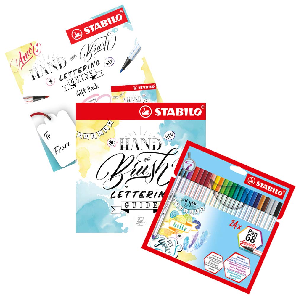 STABILO Brush Pens with Hand Lettering Guide Pen 68 brush Wallet of 24 Assorted Colours + How to Hand Letter Guide