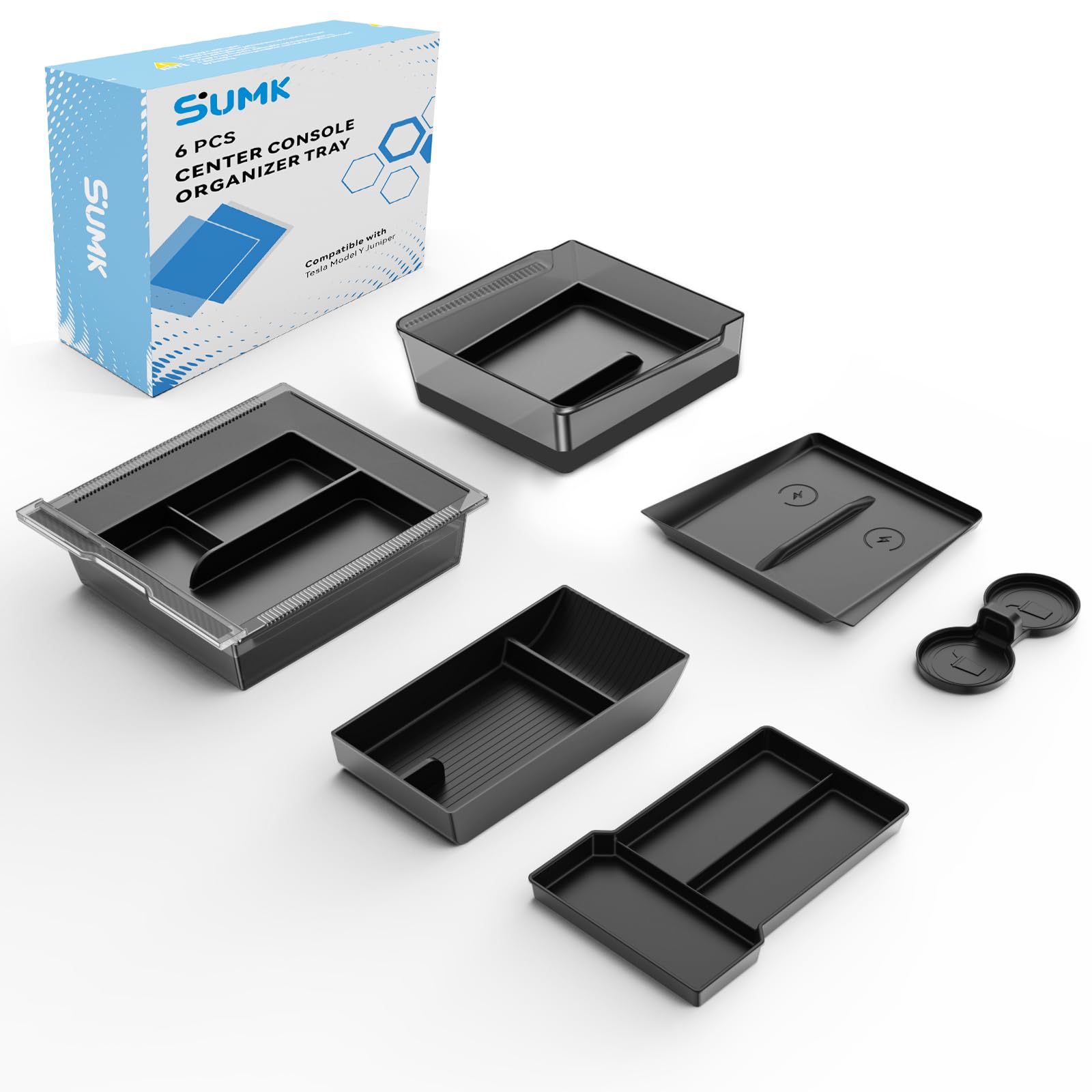 Photo 1 of Center Console Organizer Tray for Tesla Model Y Juniper Accessories 2025 2026 [Premium PC + Silent Silicone Liner] Armrest Bottom Liners Wireless Charging Pad Cup Holder for Tesla Model Y Accessories