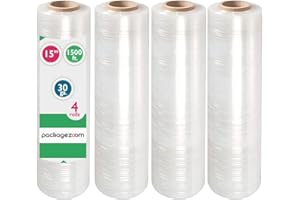 PackageZoom Pre Stretched 15” x 1500 ft 4 Rolls Stretch Wrap Film Clear Cling Plastic for Moving and Packaging Stretch Wrap