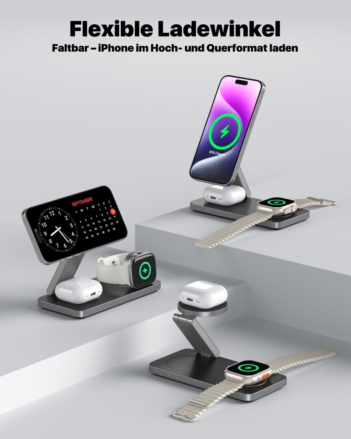 Induktive Ladestation Kompatibel mit Magsafe Ladegerät,QTlier 3 in 1 iPhone Ladestation für Air 17/16/15/14/13/12 Serie,20W Wireless Charger für Apple Watch 10/9/8/7/6/5/4/3 und AirPods (Tief Schwarz) 7