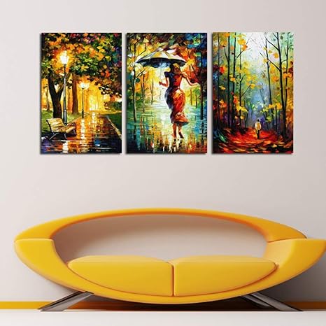 kuanmais Moderne Mode Wohnzimmer Dekorative Malerei Kunstwerk 3 Stück Straßenlaterne Baum Figur Spaziergang Wand Öl Bilder, 1