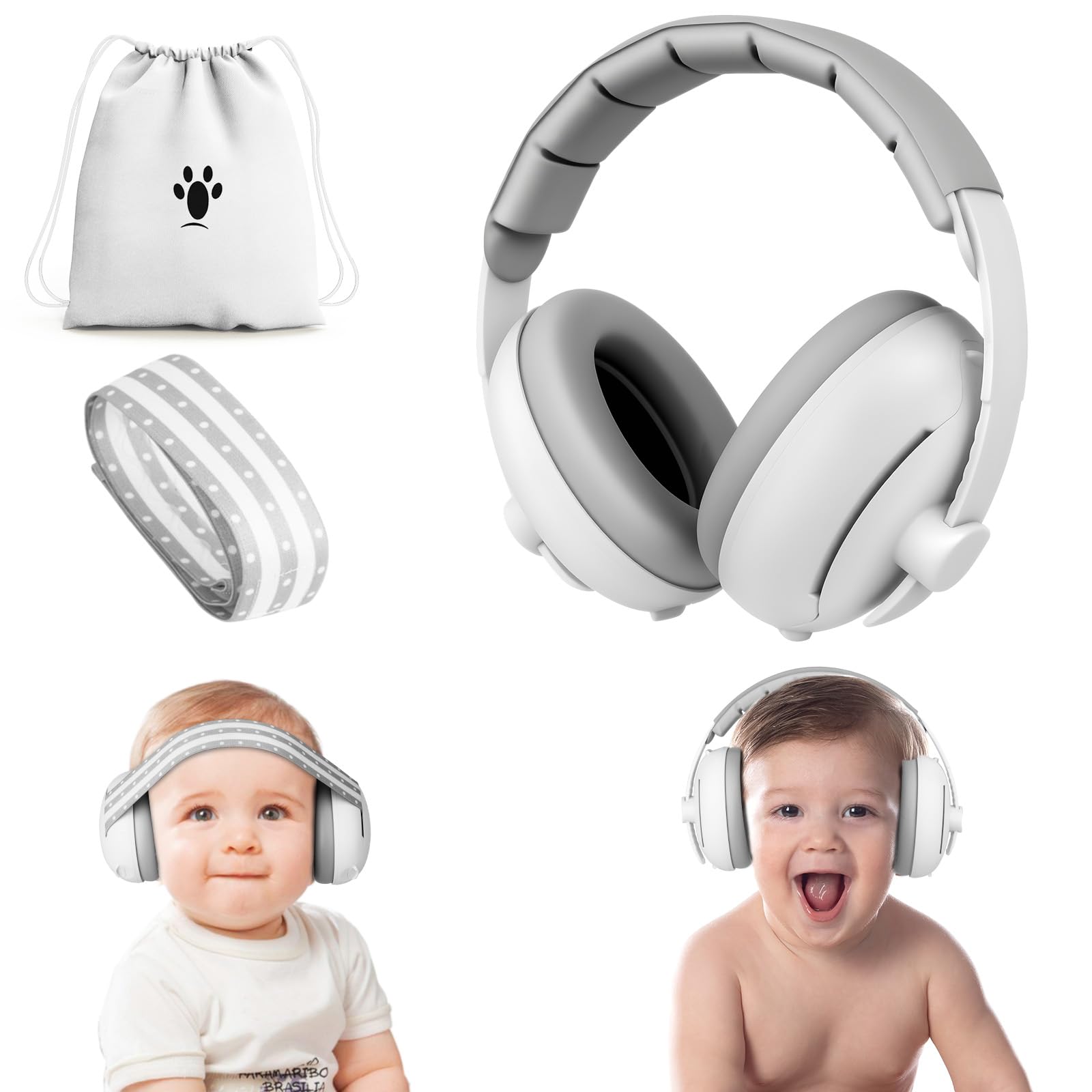 Aolso Baby Ear Defenders, 2-in-1 Baby Ear Defender for Babies and Toddlers up to 36 Months, Noise Reduction Earmuffs, Infant Noise Canceling Headphones with Soft Cushion and Adjustable Headband-Gray