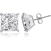 TIONEER 14K Solid Gold or Sterling Silver Stud Earrings for Women and Men Cubic Zirconia Round Cut & Princess Cut (3mm - 9mm)