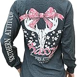 Southern Attitude Dogwood Sassy Deer Skull Bow Dark Heather Long Sleeve Shirt (Small)