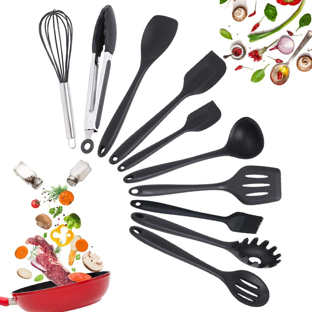 Silicone Kitchen Utensils Set Black 10 pcs NonScratch, NonStick, Dishwasher Safe, Heat