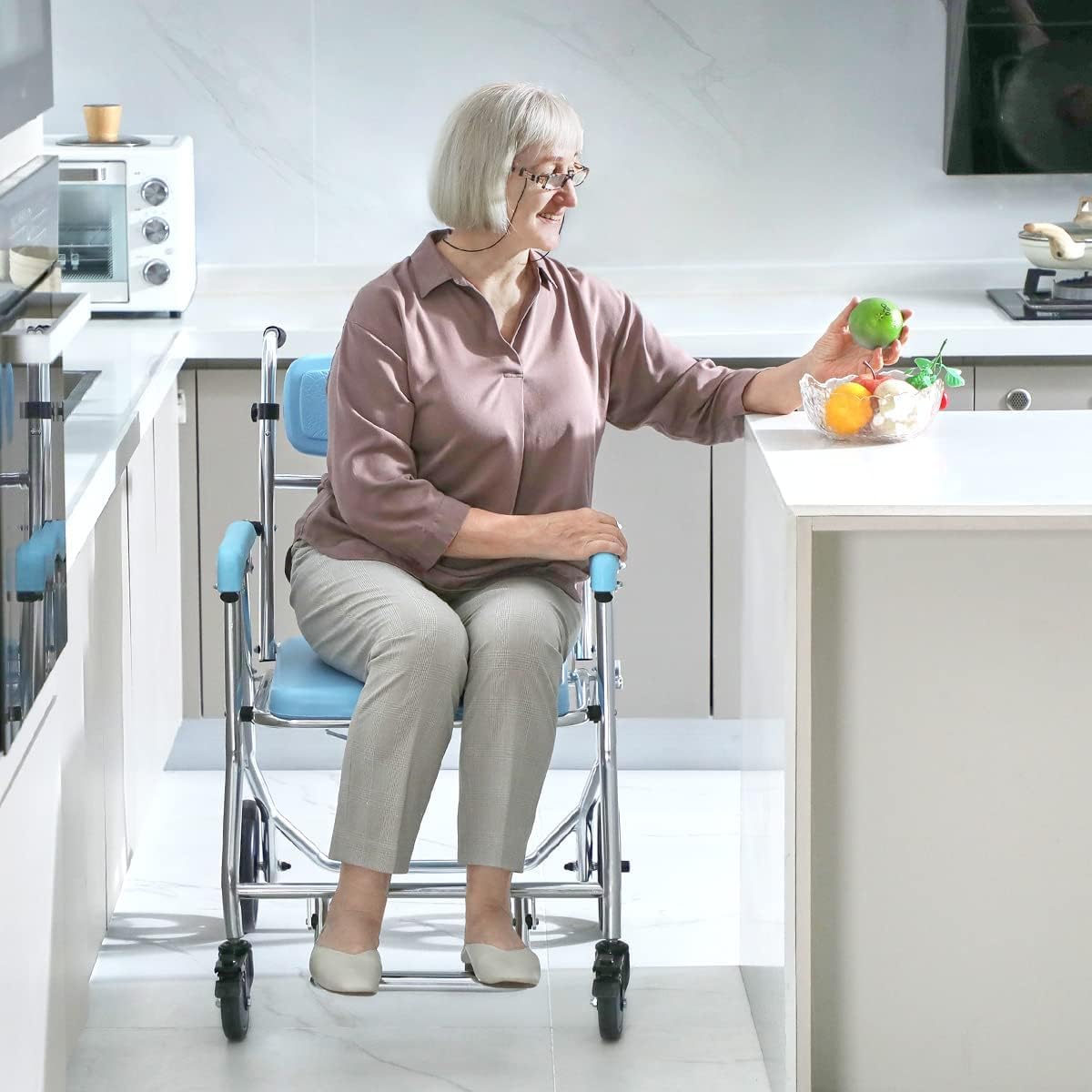 OasisSpace Folding Shower Commode Wheelchair - 300lbs Bedside Commode with Padded Seat, Waterproof Rolling Shower Chair with Arms and Backrest, Shower Chair with Wheels (FSA or HSA Eligible)
