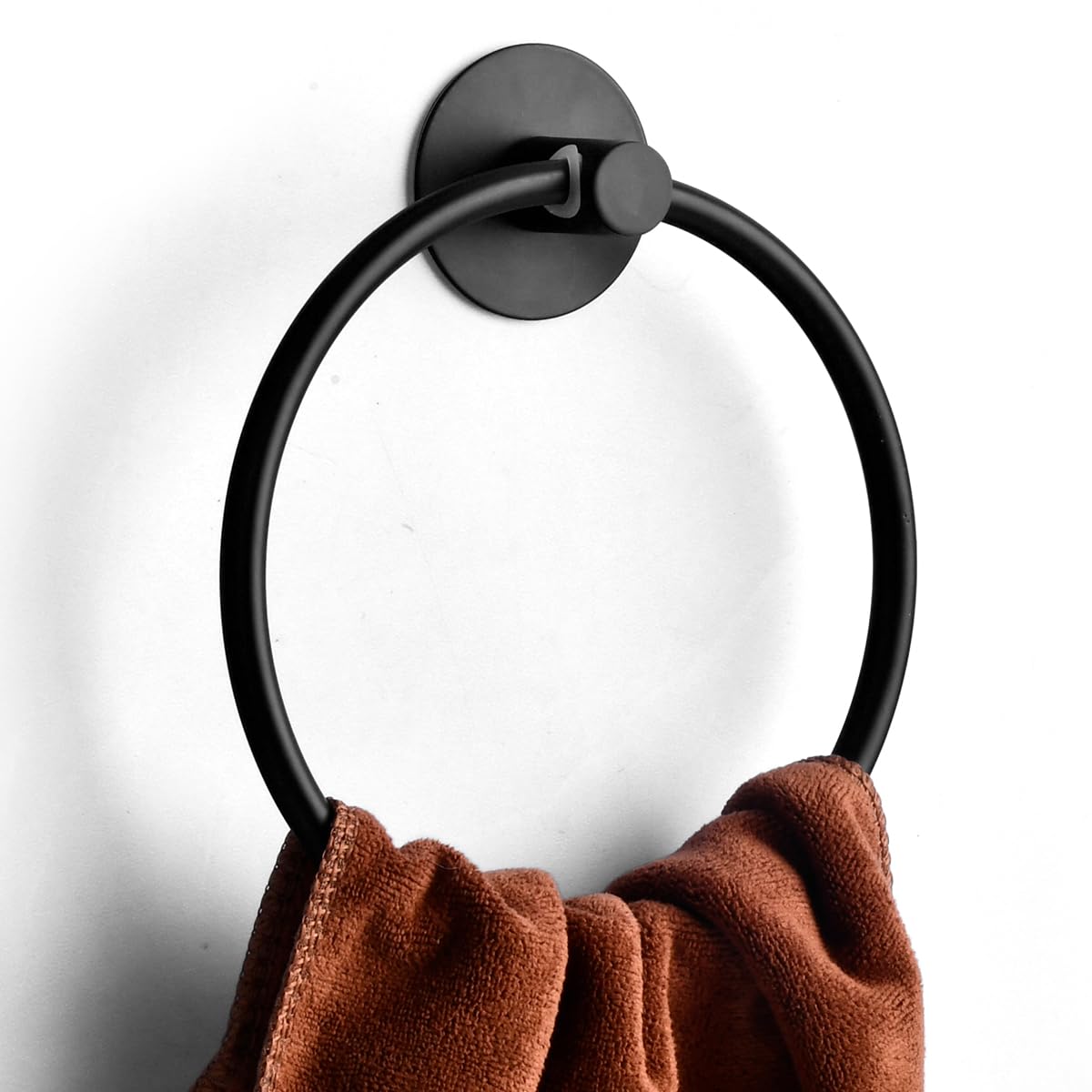 BOPHIS Black Towel Holder - Stainless Steel Towel Ring for Bathrooms - Stick On Towel Rail