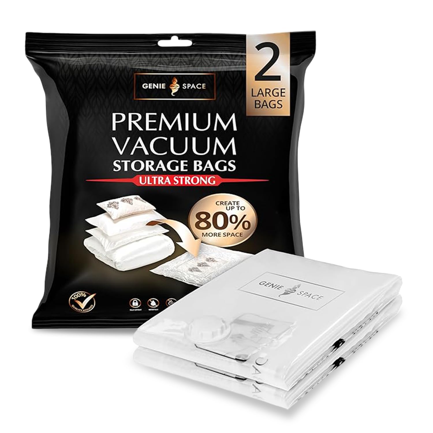 GENIE SPACE Premium Vacuum Storage Bags for Clothes, Bedding and Travel, Large Size 80x60cm, Airtight, Reusable and Odour-Proof Space Saver Bags with Double Seal, 2 Pack