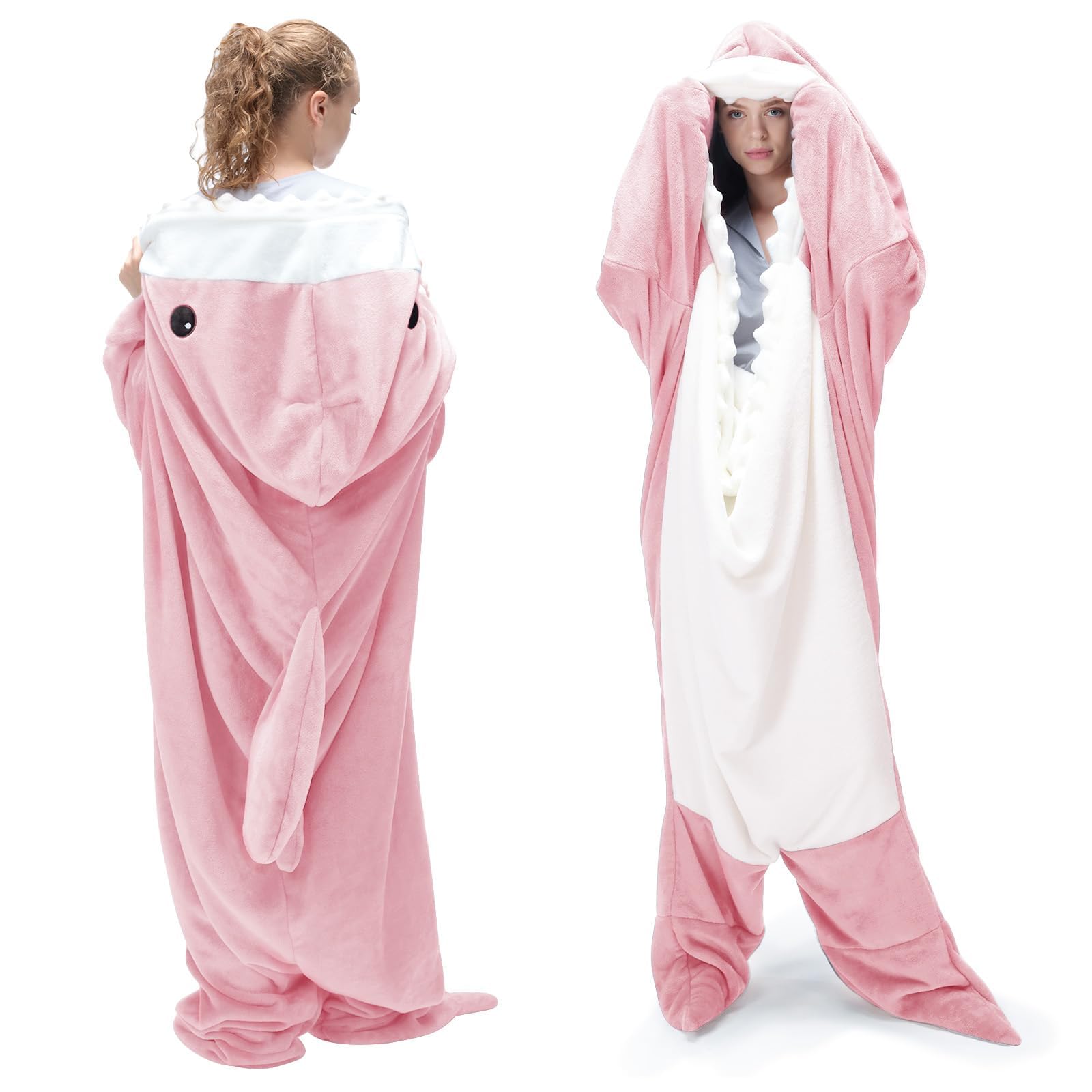 Touchat Shark Blanket for Adult Super Soft Cozy Flannel Throw Wearable Blankets, Cartoon Animals Onesie hoodie, Sleeping Bag Cosplay Costume Blanket Gifts for Shark Lovers(Pink,XXL) Image