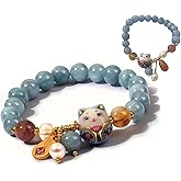 RITIM Lucky Cat Bracelet for Women, Maneki Neko Charm Bracelet with Blue Crystal & Ceramic Cat Pendant, Adjustable Feng Shui Good Luck Jewelry Gift for Her