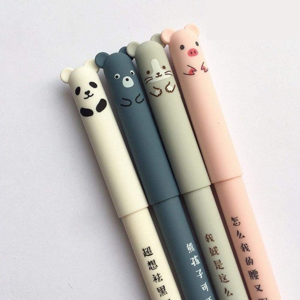 4 Pcs Animal Gel Pen - 0.35mm Black Ink, Pig Panda Mouse Bear Design, Erasable, Kawaii, School & Office Stationery