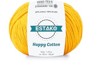 Estako Happy Cotton, 60% Cotton 40% Acrylic Yarn, Soft, Fine/Sport (2) for Crochet and Knitting 1.76 Oz (50g) / 180 Yrds (165m) (4730 - Mustard Yellow)