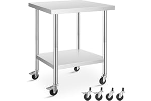 FOHERE Stainless Steel Table for Prep & Work, with Caster Wheels, Two with Brakes, Metal Table for Commercial Restaurant, Warehouse and Hotel (24 x 30 Inches)
