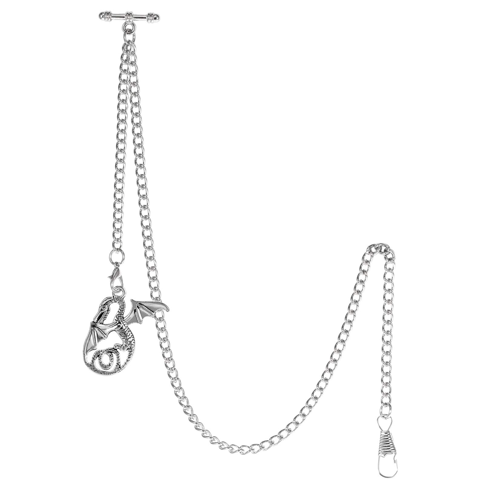 TREEWETO Pocket Watch Chain with T Bar End Albert T-Bar Pocket Watch Chain with Antique Dragon Pendant and 2 Hooks for Vest Buttonhole Silver