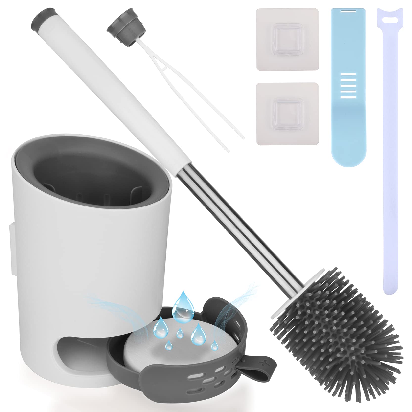 Toilet Brush and Holder Set Silicone Eco Toilet Bowl Scrubber Cleaner with Replaceable Bristle Head Aluminum Handle Removable Drawer Diatom Mud Pad Toilet Seat Cover Lifter for Bathroom Home
