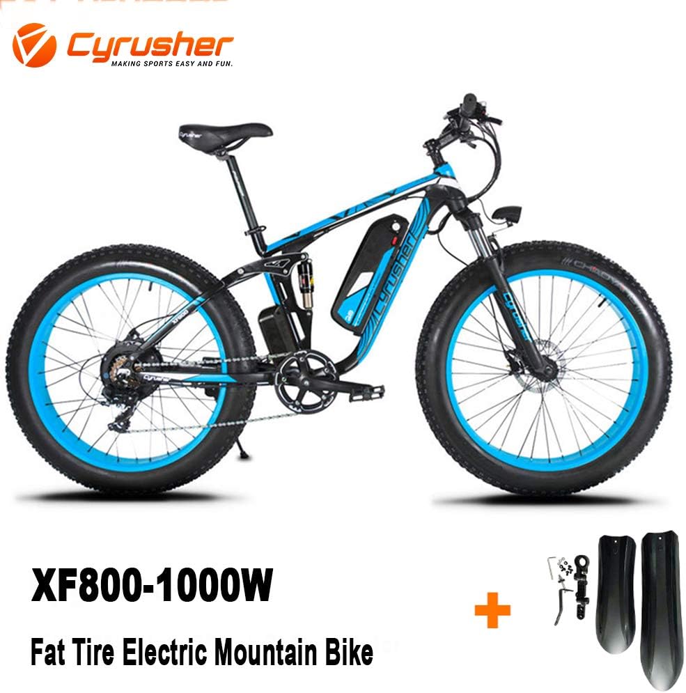 Cyrusher Upgraded XF800 26inch Fat Tire Electric Bike 750/1500W Upto 35mph BaFang Motor 48V Mens Women Mountain e-Bike Pedal Assist, Lithium Battery Full Suspension Hydraulic Disc Brakes