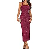 DRESSTELLS Women's Sparkly Formal Dress 2026, Halter Ruched Wedding Guest Dress, Sequin & Stretchy Mesh