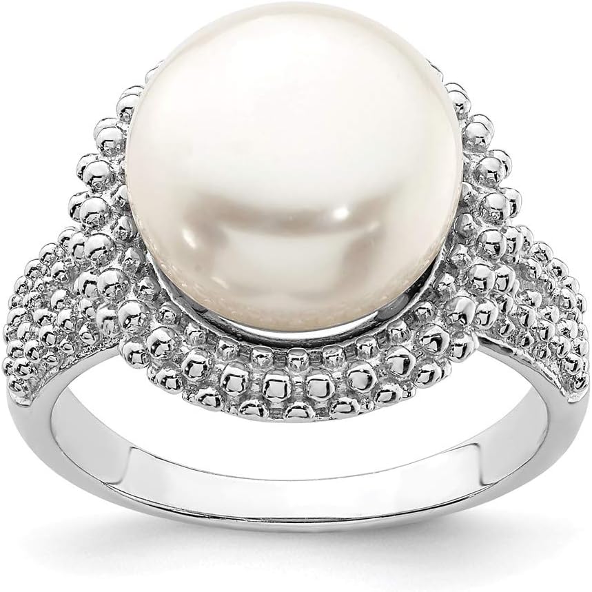 Solid 925 Sterling Silver 11-12mm White Freshwater Cultured Pearl Ring Band