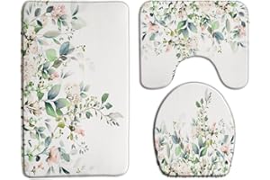 GCTNBJL Floral Leaves 3 Piece Bath Mat Sets,Sage Green Leaf Plant Eucalyptus Flower Herbs Botanical Succulent Wildflower Nature Bathroom Kitchen Rug,17.8"x29.5"Bath Mat,Toilet Seat Cover,U-Shaped Toilet