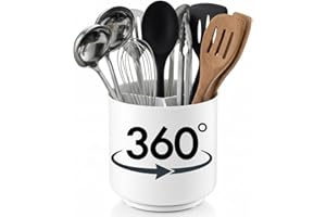 Extra Large Rotating White Utensil Holder Caddy with Sturdy No-Tip Weighted Base, Removable Divider, and Gripped Insert - Rus