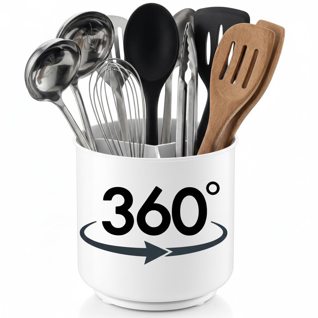 Extra Large and Sturdy White Rotating Utensil Holder with No-Tip Weighted Base, Removable Divider, and Gripped Insert | Rust Proof and Dishwasher Safe Kitchen Utensils Holder and Cutlery Holder