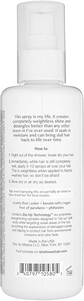 KRISTIN ESS HAIR HYDRATING SALON LEAVE IN CONDITIONER SPRAY FOR STRENGTH + SHINE – LIGHTWEIGHT ANTI FRIZZ DETANGLER FOR WOMEN – SULFATE FREE + COLOR SAFE – CASTOR OIL MOISTURE BOND REPAIR SPRAY