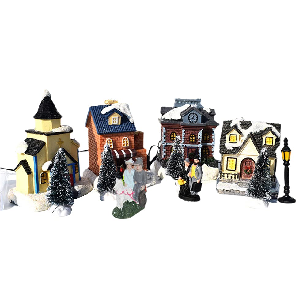 LED Christmas Village Houses,10-piece Santa's Hut, Resin Christmas Ornaments Santa Claus Buildings Gift for Kids set