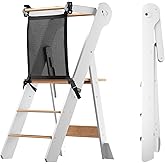 COSYLAND Foldable Toddler Kitchen Stool Helper - Height Adjustable Standing Tower for Bathroom Sink or Kitchen Counter - Step Stool for Toddlers Ages 18 Months to 6 Years White & Natural