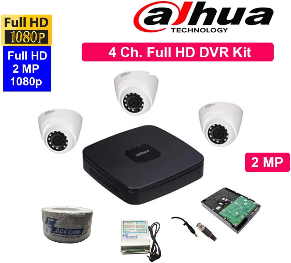 FEECOM Dahua 4 Channel Full HD DVR 1Pcs + DahuaFULL HD 2-MP Dome 3-PC Camera + 1TB SURVELLANCE HDD + FEECOM Copper Cable + FEECOM Power Supply Full Combo Kit