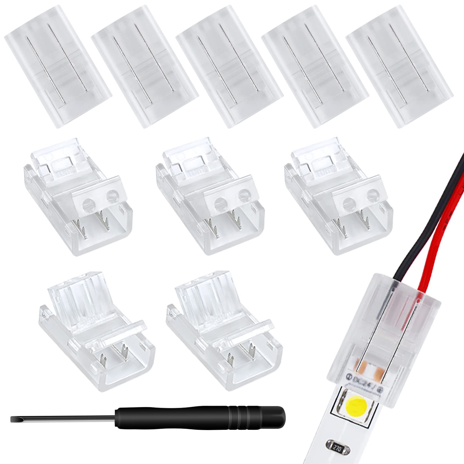Aroidful 10Pcs 2 PIN LED Strip Light Connectors 10mm Wide Unwired Gapless Solderless Connectors Strip to Wire for Waterproof or Bare Board Single Colour, 5050-2835
