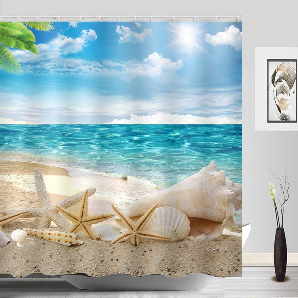 Sylbapestry Beach Shower Curtain Fabric Washable Seashell Starfish Bathroom Decor Digital Printed No-Fade Blue