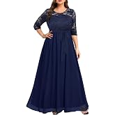 Pinup Fashion Plus Size Formal Evening Dress Wedding Guest Bridal Gowns | Lace bodice, 3/4 sleeves, empire waist, chiffon skirt, floor length, back zipper, for mother of bride/groom, bridesmaid