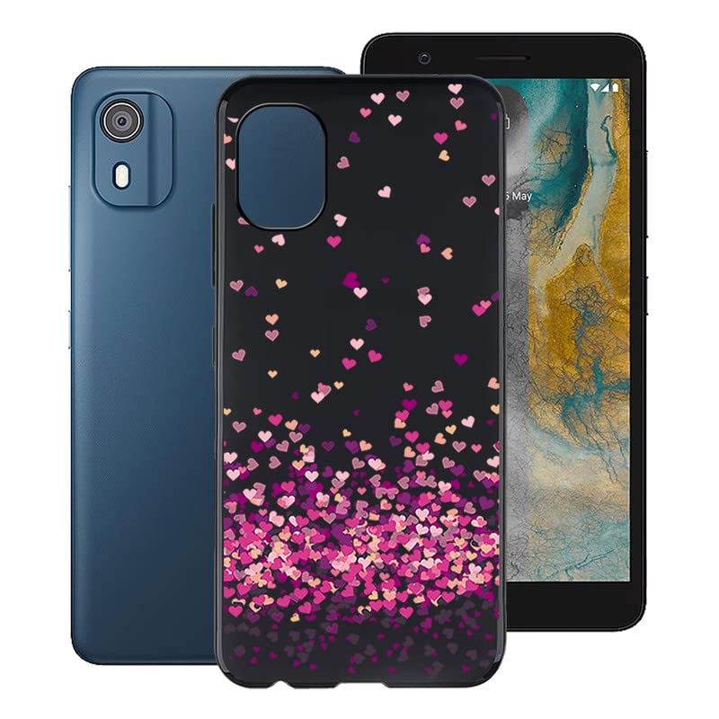 KJYF Phone Case for Nokia C02, Black Anti-Scratch Bumper Cover, Ultra-Thin Soft TPU Gel Case, Flexible Silicone Fashion Protection Case for Nokia C02 5.45 Inch - Pink Love