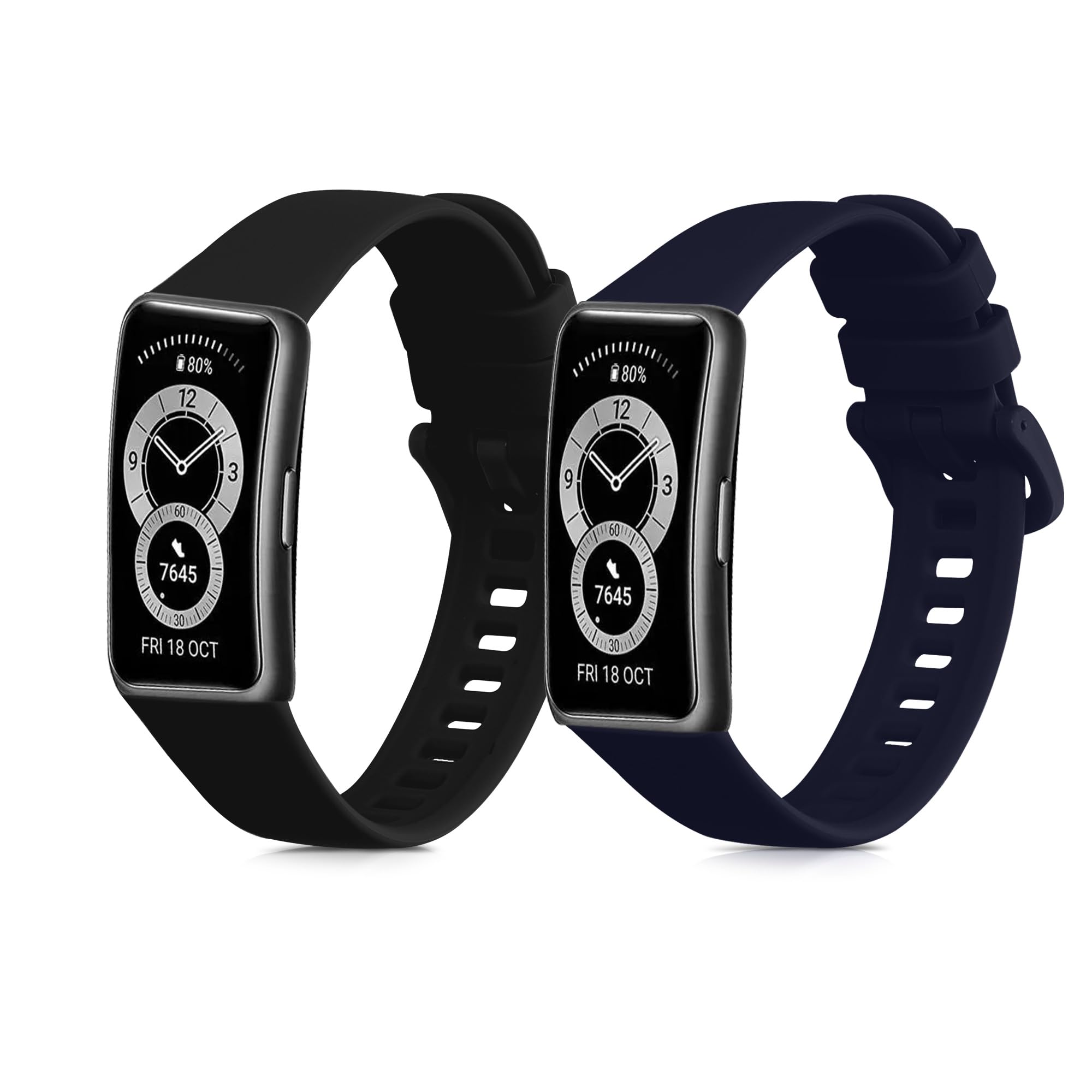 kwmobile 2x Straps for Huawei Band 10/9 / 8 Watch Strap - Silicone Replacement Watch Strap Set - Replacement Bands Black/Dark Blue — image 1