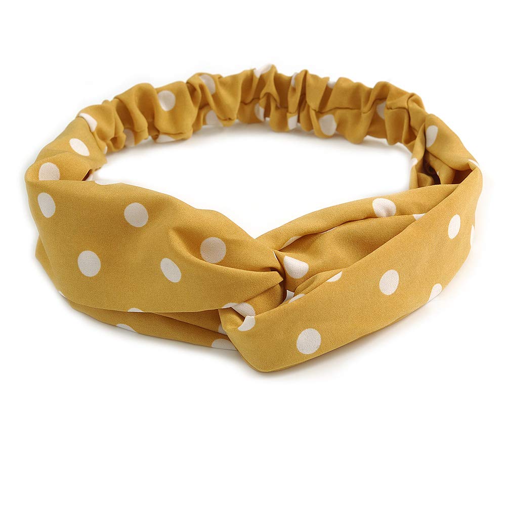 Dusty Yellow and White Polka-Dotted Twisted Fabric Elastic Headband/Headwrap