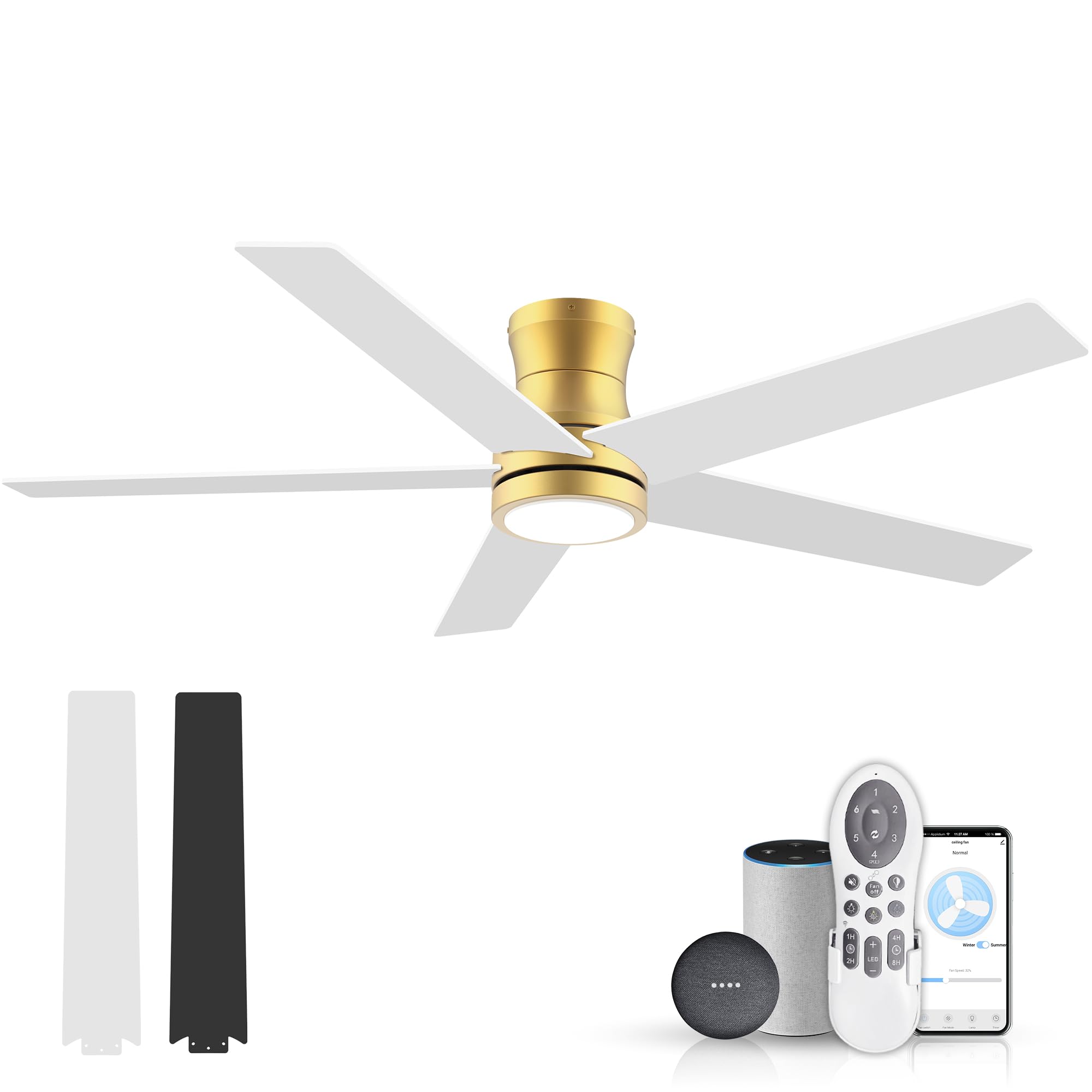 Photo 1 of **MISSING PARTS***52" Smart Low Profile Ceiling Fans with Lights Remote,Outdoor Indoor Flush Mount Ceiling Fans,Controll by Voice WIFI Alexa App,Quiet DC Motor,Gold White Black Fan for Modern Bedroom Living Room Patio