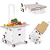 Foldable Utility Cart with Stair Climbing Wheels,Collapsible Rolling Crate with Magnetic Lid Telescopic Cover,Telescoping Han