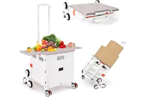 ZIYOU LANG Foldable Utility Cart with Stair Climbing Wheels,Collapsible Rolling Crate with Magnetic Lid Telescopic Cover,Telescoping Handle,360° Rotate Wheel Hand Cart for Teacher Shopping Moving(Milky White)