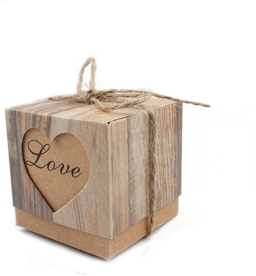 Leehome 100PCS Favor Boxes 2x2x2 Inches Love Rustic Wedding Party Candy Gift Boxes with Burlap Twine