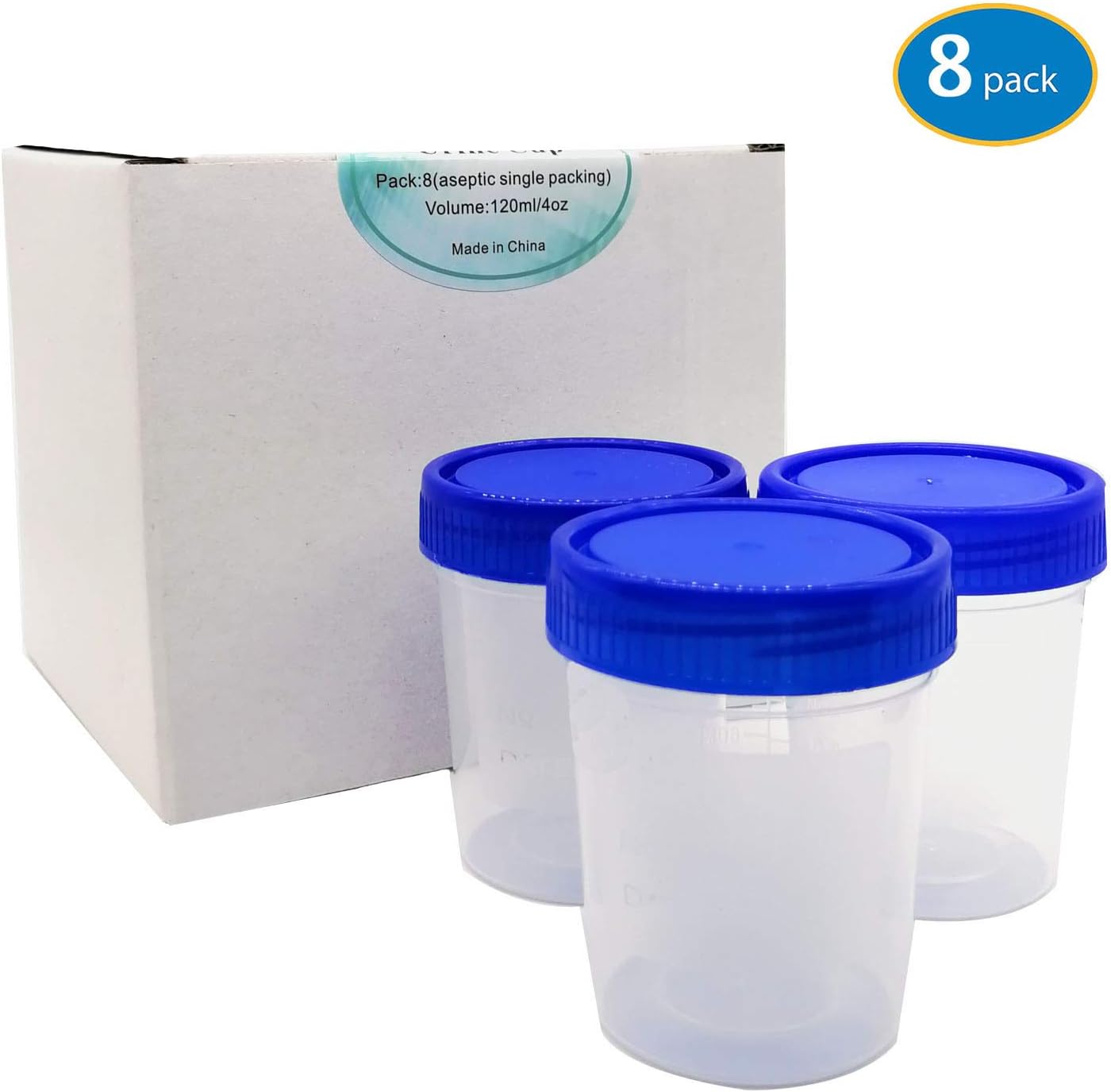 VigorFull Sterile Urine Cups Specimen Collection Cups with Spiral Lids 4oz (8 Pack) for Ovulation Test (Blue)