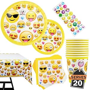 Kompanion 81 Piezas Vajilla para Cumpleaños–Diseño de Emoji – 20 Platos Vasos, Servilletas y Mantel Resistente – Accesorios de Fiesta para Celebración – Articulo de Menaje para Eventos