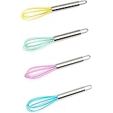 Mini Whisks 6 inch 4Pcs silica gel stainless steel Whisk, Hand Egg Mixer for Flour Cake Egg, Kitchen Cooking Baking Use Whisk (purple,yellow,cyan,blue)