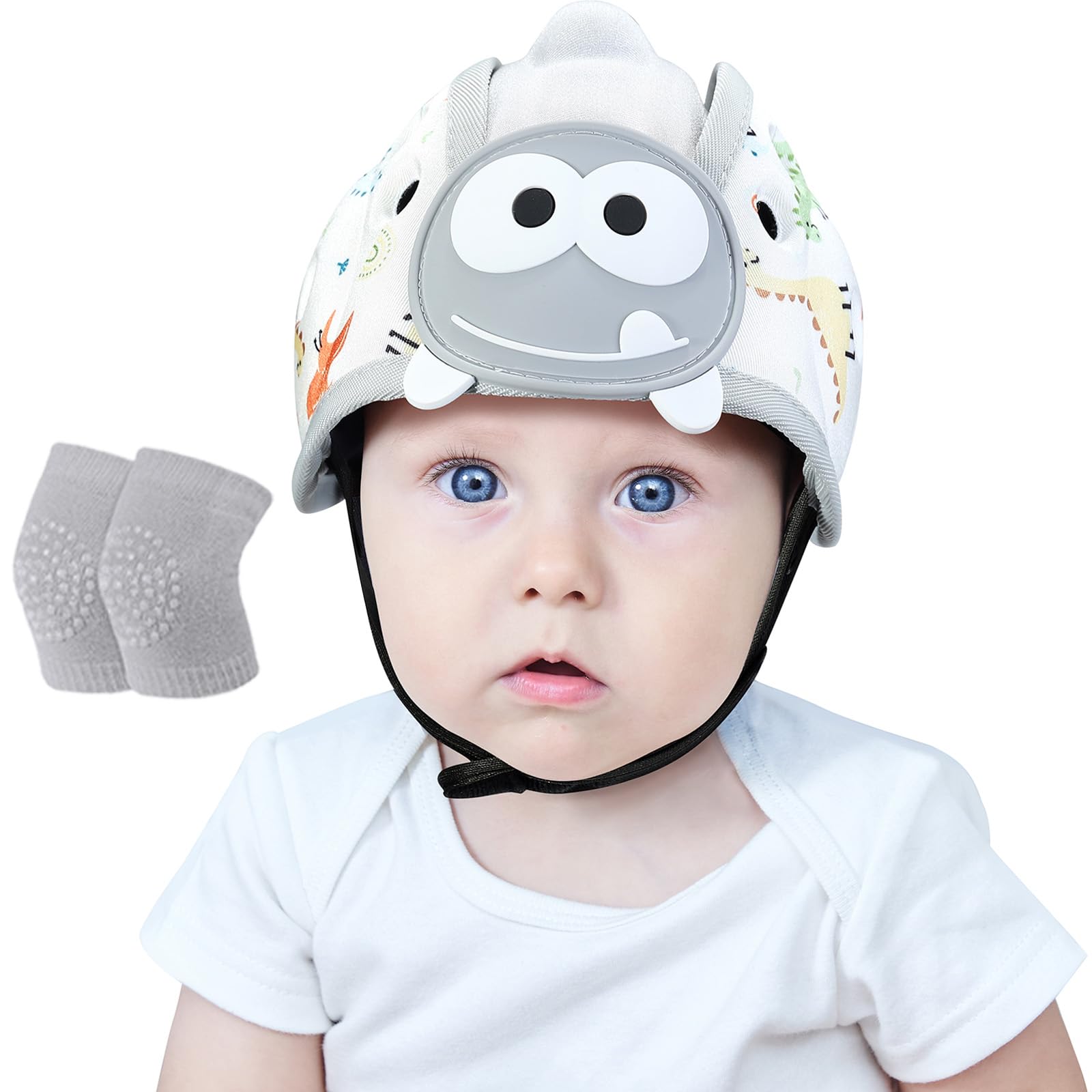 Orzbow Baby Safety Helmet with Kneepads, Breathable Baby Head Protector for Crawling and Walking,Adjustable Infant Crash Helmet, Anti-Collision,Ultra-Lightweight,Premium Cotton and EVA (White Dino) — image 1
