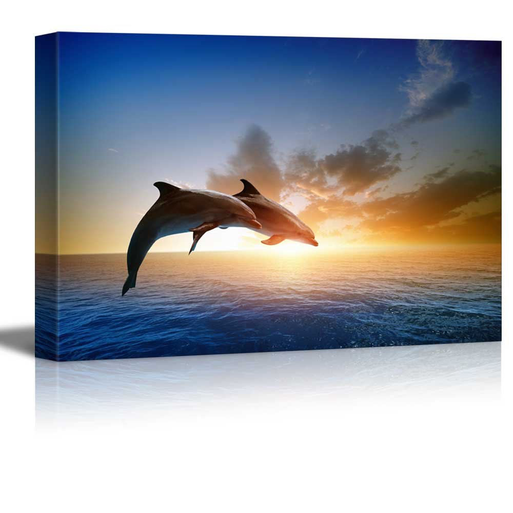 wall26 Canvas Print Wall Art Dolphin Duo with Sunset Ocean Horizon Nature Wilderness Photography Modern Art Rustic Scenic Colorful Multicolor for Living Room, Bedroom, Office - 16"x24"
