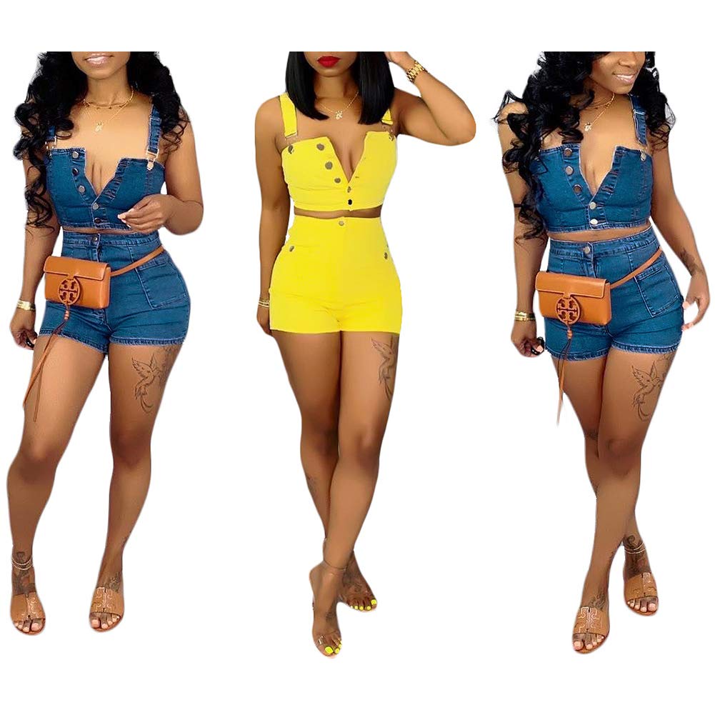 Women\'s Two Piece Outfit - Sexy Spaghetti Straps Denim Tank Crop Top Bodycon Jean Short Pants Set Blue XL