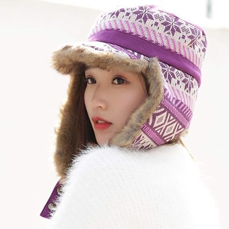 Amazon Co Jp ニット帽 雷鋒帽子レディース冬のプラスベルベット太いかわいい防風帽子三つ編み乗馬アウトドア登山東北スキーイヤーマフ女性ワンサイズ 冬の帽子 Color Purple Size M ホーム キッチン