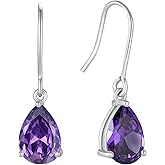 Raymard 925 Sterling Silver 7x10MM Teardrop Birthstone Earrings, Solitaire Dangle Fish Hook Earrings for Women, Prom Jewelry Gifts