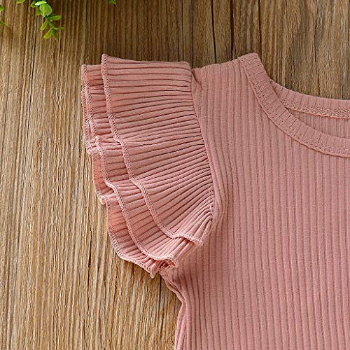 Tomppy Infant Toddler Baby Girls Solid Ruffle Romper + Floral Suspenders Skirts 2PCs Outfits Sets Pink